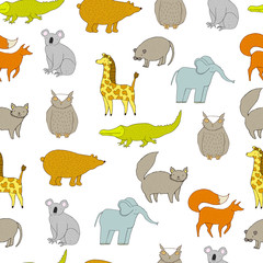Obraz premium Cute baby pattern with cartoon animals. Vector seamless pattern. Handdrawn illustratration. Bear, crocodile, fox, giraffe, owl, elephant, cat, koala.