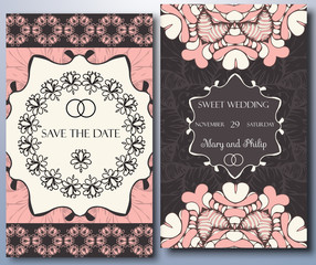 Set greeting vector card on decorated background mandala . save the date,  pattern, brochure, gift certificate, party invitation, congratulation