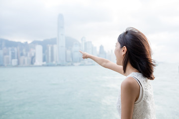 Woman finger pointing to the landmark