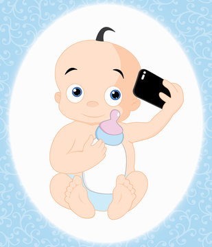 Baby boy taking selfie with milk bottle, vector illustration