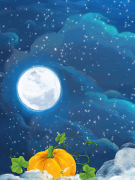 Cartoon happy scene with pumpkin on the some field by night - illustration for children