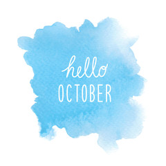 Naklejka na ściany i meble Hello October greeting with blue watercolor background