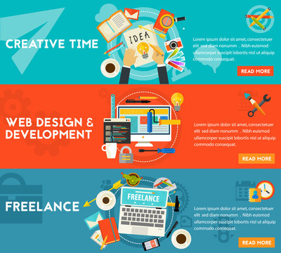 Creative Time, Freelance And Web Design Development Concept Illustrations