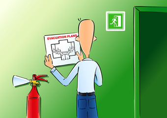 Naklejka premium Evacuation plans & fire extinguishe. Vector illustration of a man hangs up the evacuation plan for the office wall