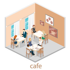 Isometric interior of coffee shop. flat 3D isometric design interior cafe or restaurant. People sit at tables and eat.
