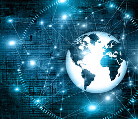 Naklejka premium Best Internet Concept of global business. Globe, glowing lines on technological background. Electronics, Wi-Fi, rays, symbols Internet, television, mobile and satellite communicationsblue blur