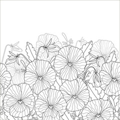 Floral pattern of beautiful pansies. Black and white pattern can be used for coloring.