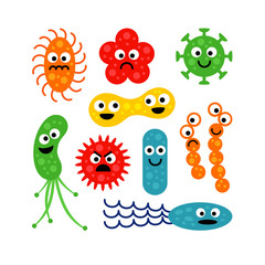 Naklejka premium Set of cute funny bacterias isolated on white background.