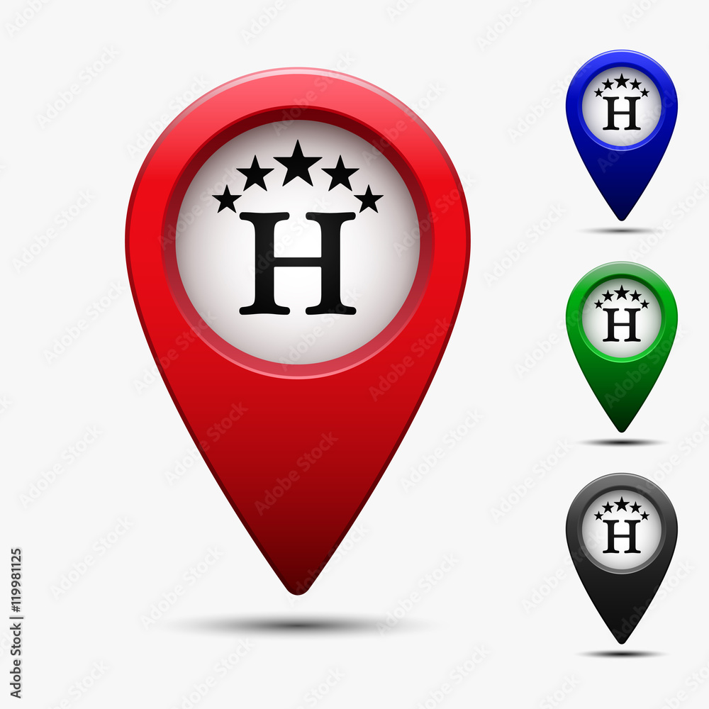 Poster colored map pointer with symbol hotel or rest room with stars . for location maps. mark icon. travel
