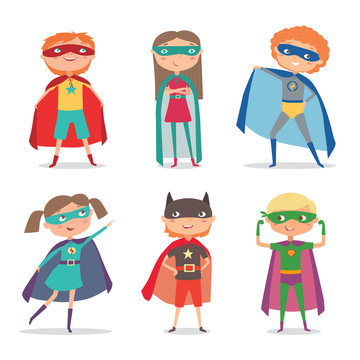 Superhero kids boys and girls. Cartoon vector illustration