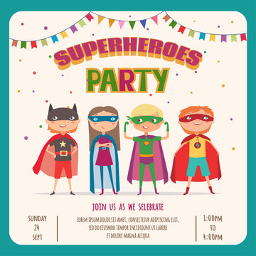 Superhero. Card Invitation With Group Of Cute Kids