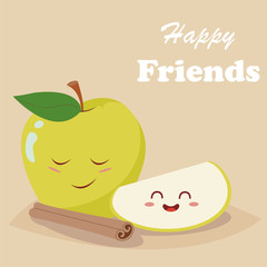 Funny green apple and cinnamon. Use for card, poster, banner, web design and print on t-shirt. Vector illustration. Funny cartoon characters.