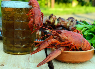 Foamy beer in a glass and boiled crawfish closeup, grilled meat on skewers in the background. For the holidays, enjoying the outdoors.