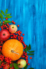 Obraz na płótnie Canvas Autumnal still life with pumpkins, apples and rowanberry