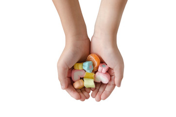 Child hand hold on jellys on white background
