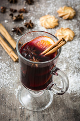 Christmas mulled wine on wooden table

