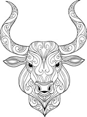 Hand drawn ornate doodle bull head illustration for coloring book