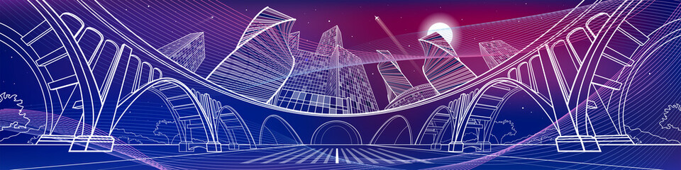 Big bridge, amazing panoramic night city, neon town. Industrial, architecture and infrastructure illustration. Purple and magenta image. energy waves. White lines landscape, vector design art