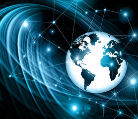 Best Internet Concept of global business. Globe, glowing lines on technological background. Electronics, Wi-Fi, rays, symbols Internet, television, mobile and satellite communicationsblue blur