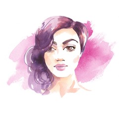Brunette girl. Watercolor sketch on pink background. Female face 