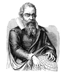 An engraved vintage portrait illustration image of Galileo from a Victorian book dated 1877 that is...
