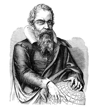 An engraved vintage portrait illustration image of Galileo from a Victorian book dated 1877 that is no longer in copyright