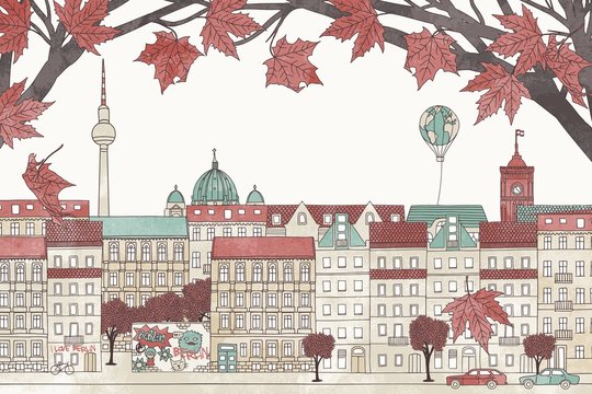 Berlin in autumn - hand drawn colorful illustration of the city with red maple branches