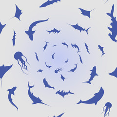 seamless pattern with whales and underwater sketches