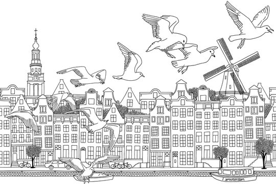 Amsterdam, Netherlands - hand drawn black and white cityscape with birds