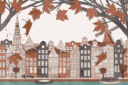 Amsterdam in autumn - hand drawn colorful illustration of the city with orange-brown maple branches
