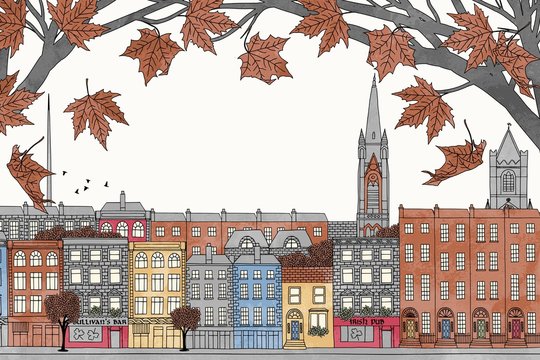 Dublin in autumn - hand drawn colorful illustration of the city with orange-brown maple branches