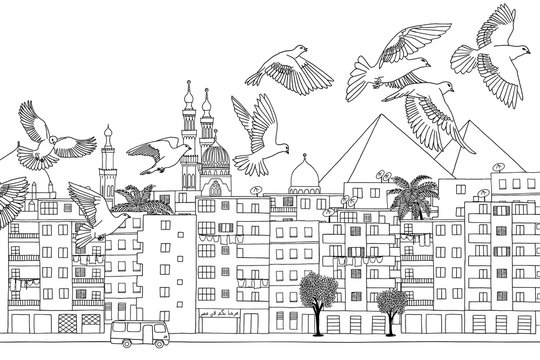 Cairo, Egypt - hand drawn black and white cityscape with birds