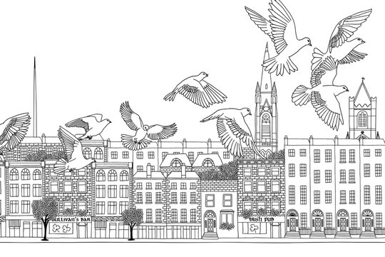 Dublin, Ireland - hand drawn black and white cityscape with birds