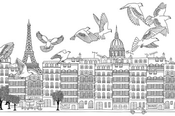 Paris, France - hand drawn black and white cityscape with birds - obrazy, fototapety, plakaty