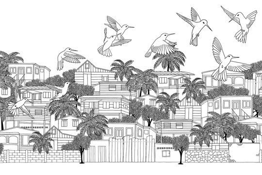Trinidad & Tobago - hand drawn illustration of a Caribbean village with hummingbirds