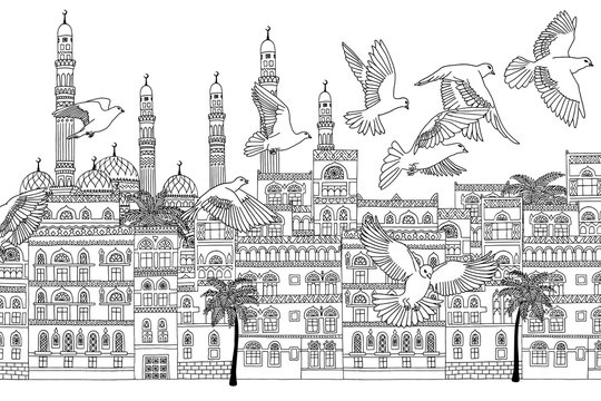 Sana'a, Yemen - hand drawn black and white cityscape with birds