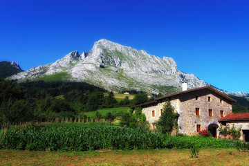 Fototapeta na wymiar Basque farmhouse under Anboto mountain in Basque Country