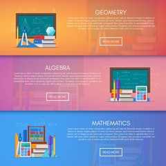 Geometry, algebra and math vector banners. Science education concept poster in flat style design - obrazy, fototapety, plakaty
