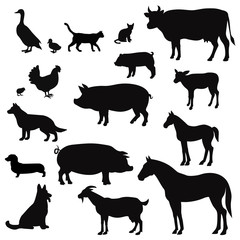 Vector farm animals silhouettes isolated on white. Livestock and poultry icons. Rural landscape with trees, plants,