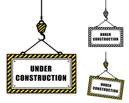 Vector image of under construction signs hanging from crane hooks against white background
