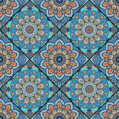 Boho tile flower squares colorful blue