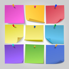 Collection of colored paper sheets for notes with curl and shadow and transparent thumbtacks, buttons, lists, and background are on separate layers and grouped logically.