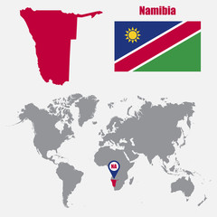 Namibia map on a world map with flag and map pointer. Vector illustration