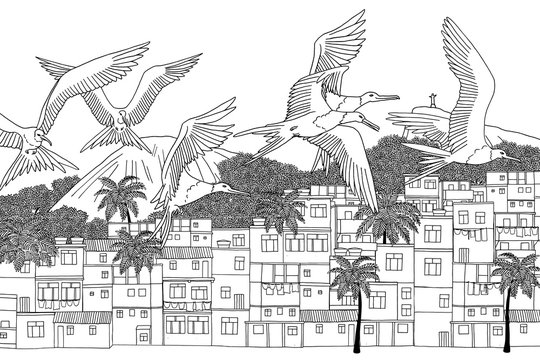 Rio de Janeiro, Brazil - hand drawn black and white cityscape with frigate birds