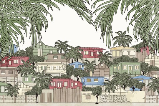 Hand drawn colorful illustration of a Caribbean village with green palm tree branches