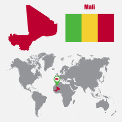 Mali map on a world map with flag and map pointer. Vector illustration