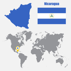 Nicaragua map on a world map with flag and map pointer. Vector illustration