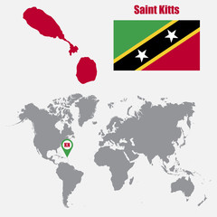 Saint Kitts map on a world map with flag and map pointer. Vector illustration