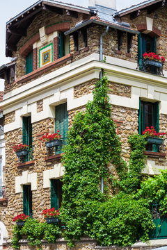 House covered by ivy with geraniums fill boxes, Montmartre, Pari