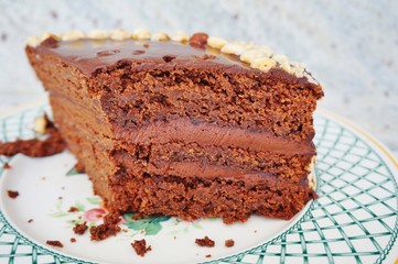 A piece of vegan chocolate and hazelnut layer cake